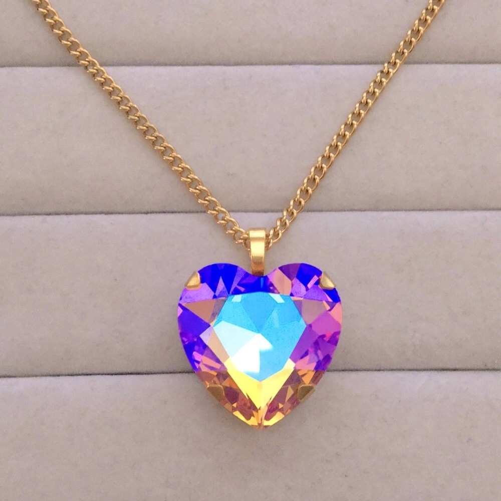Iridescent Topaz Pink Rose Aurora Borealis + Gold Crystal Heart Drop Necklace